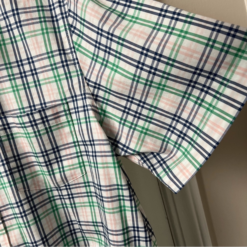 George- Men’s Short Sleeve Button Down- White Pink Green Plaid- Large - Picture 8 of 9